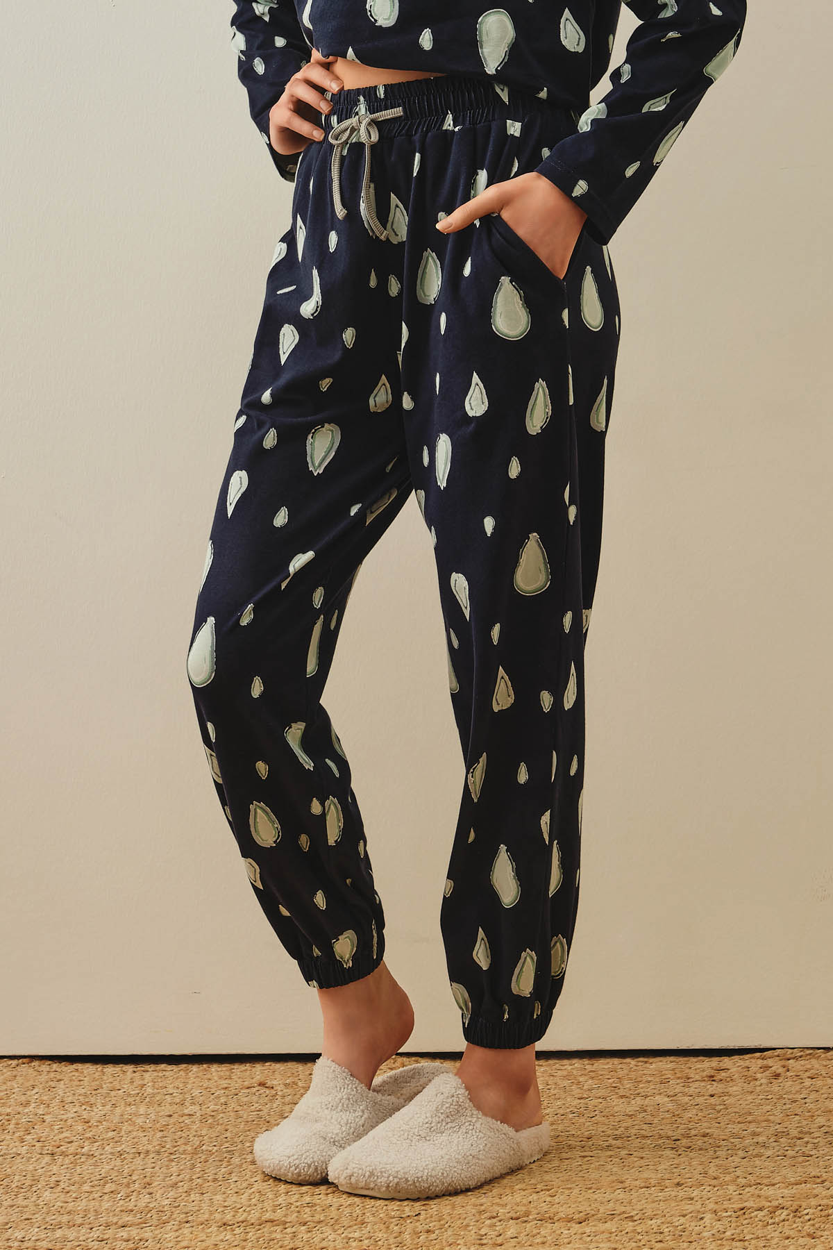 Kadın Pamuklu Belde Bağlama Detaylı Uzun Pijama Altı