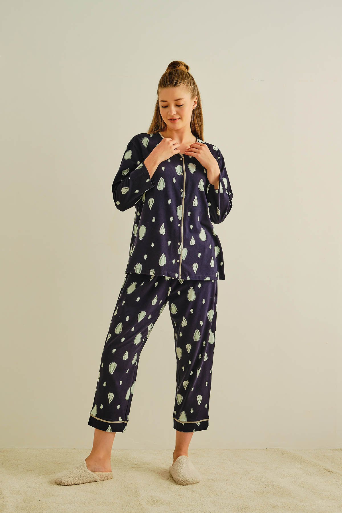 Kadın Büyük Beden Pamuklu Gömlekli Uzun Pijama Takımı