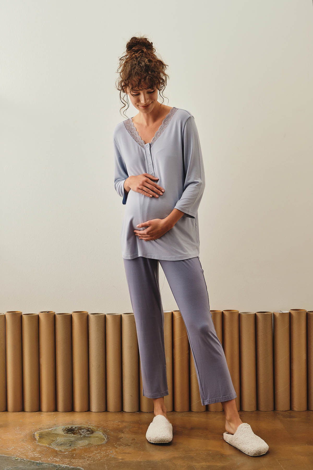 Kadın Anne Adayı Modal Dantel Detaylı Pijama Takımı