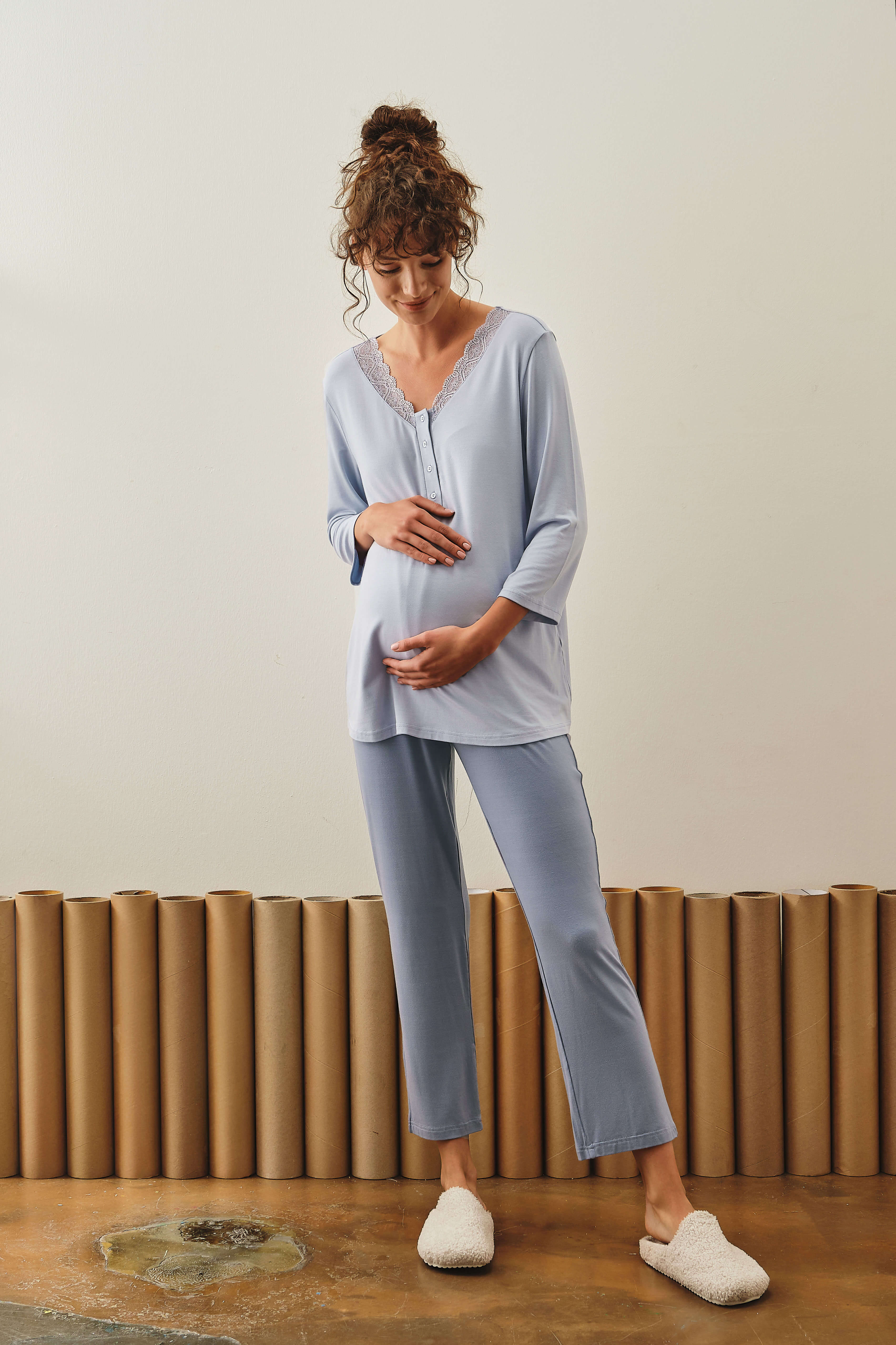 Kadın Anne Adayı Modal Dantel Detaylı Pijama Takımı