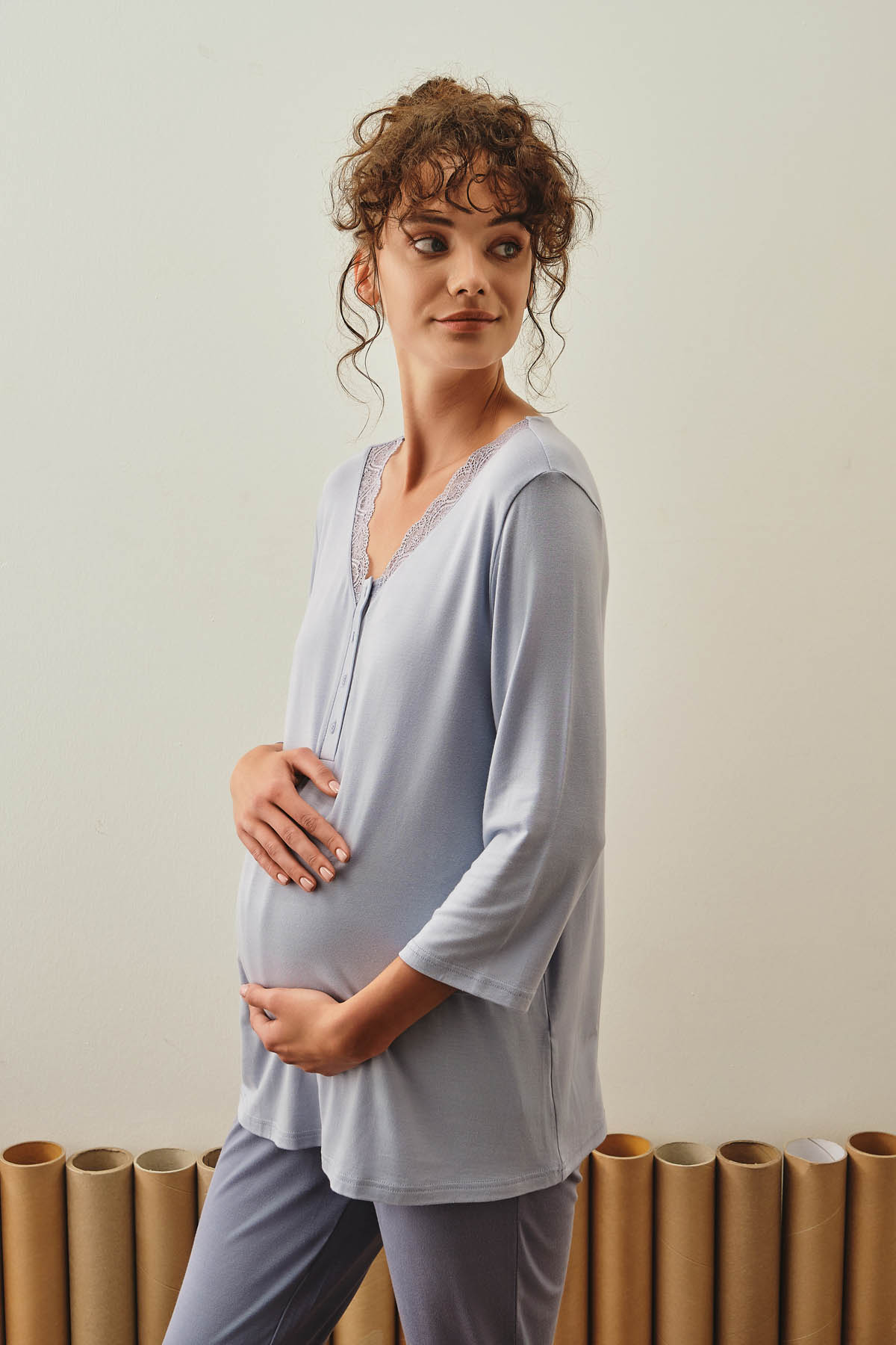 Kadın Anne Adayı Modal Dantel Detaylı Pijama Üstü