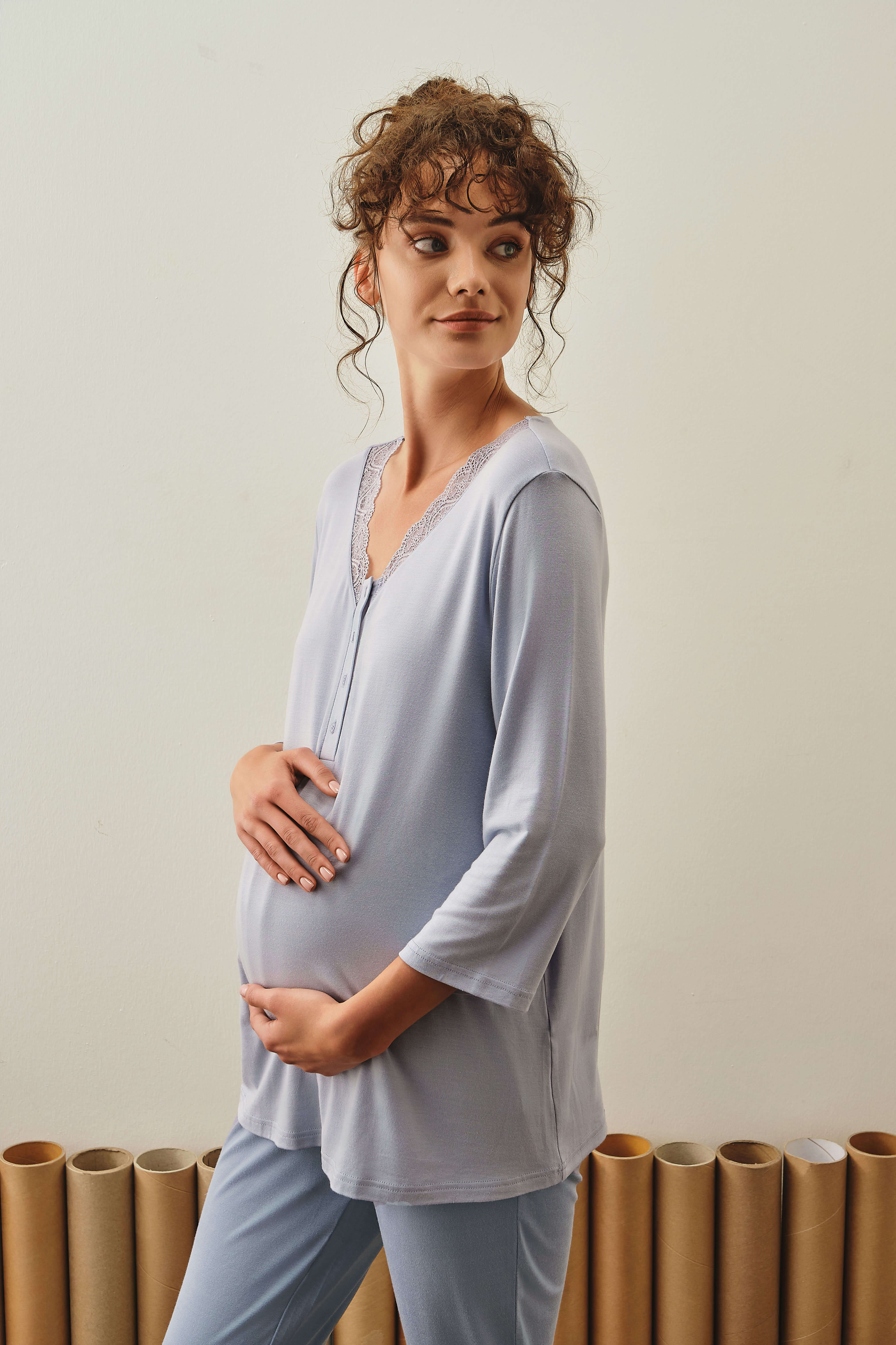 Kadın Anne Adayı Modal Dantel Detaylı Pijama Üstü