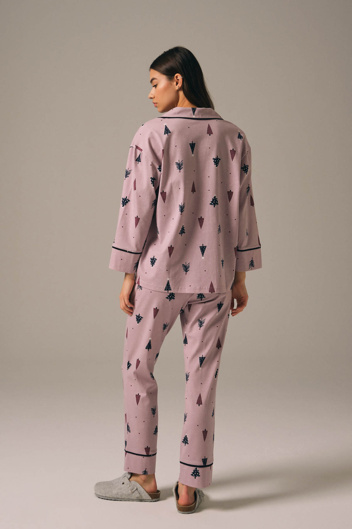 Kadın Pamuklu Gömlek Yaka Uzun Pijama Takımı