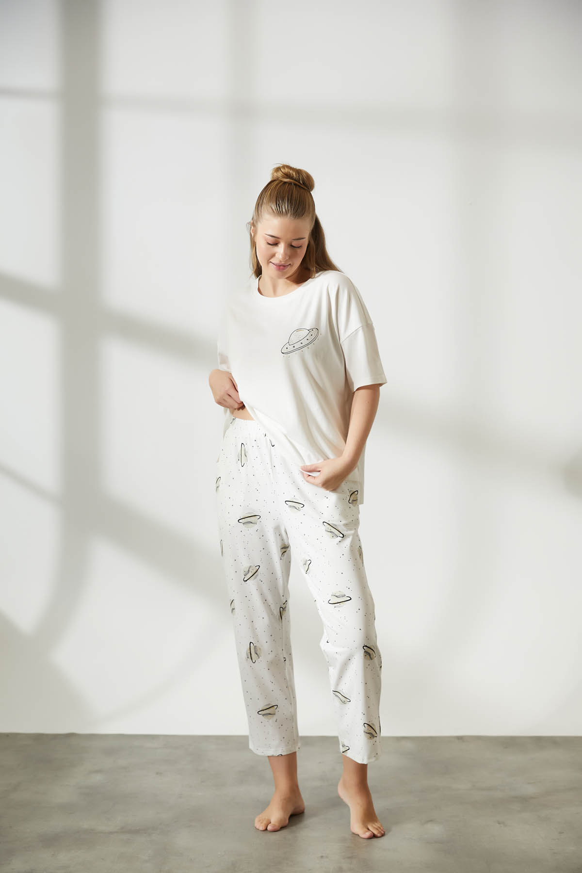 Kadın Plus Size Pamuklu Kısa Kollu Midi  Pijama Takımı