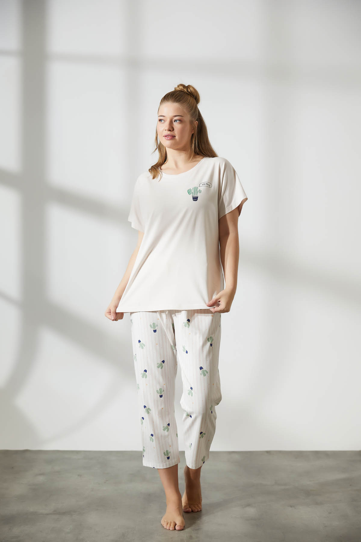 Kadın Plus Size Pamuklu Kısa Kollu Uzun Pijama Takımı
