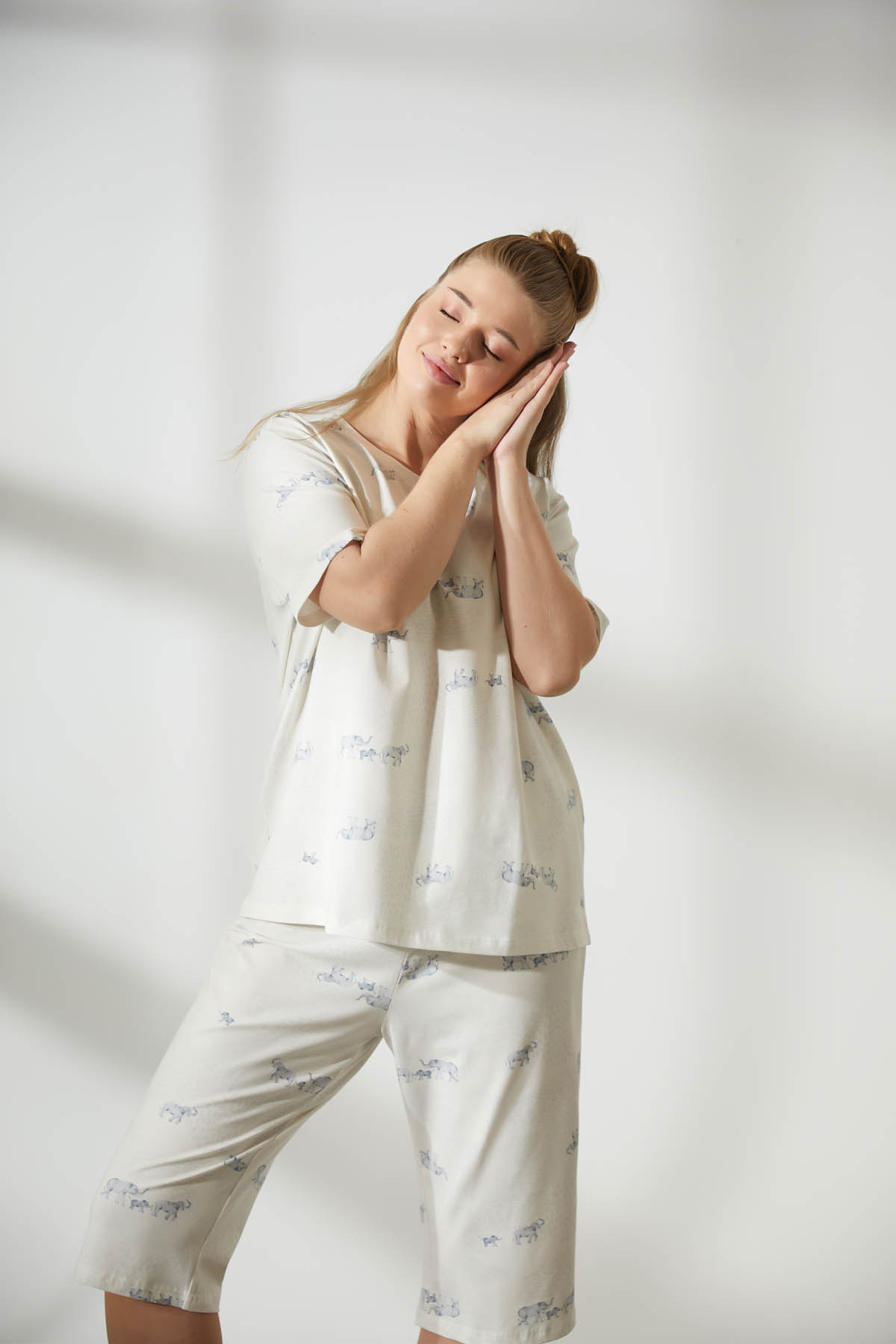 Kadın Plus Size Pamuklu Kısa Kollu Pijama Üstü