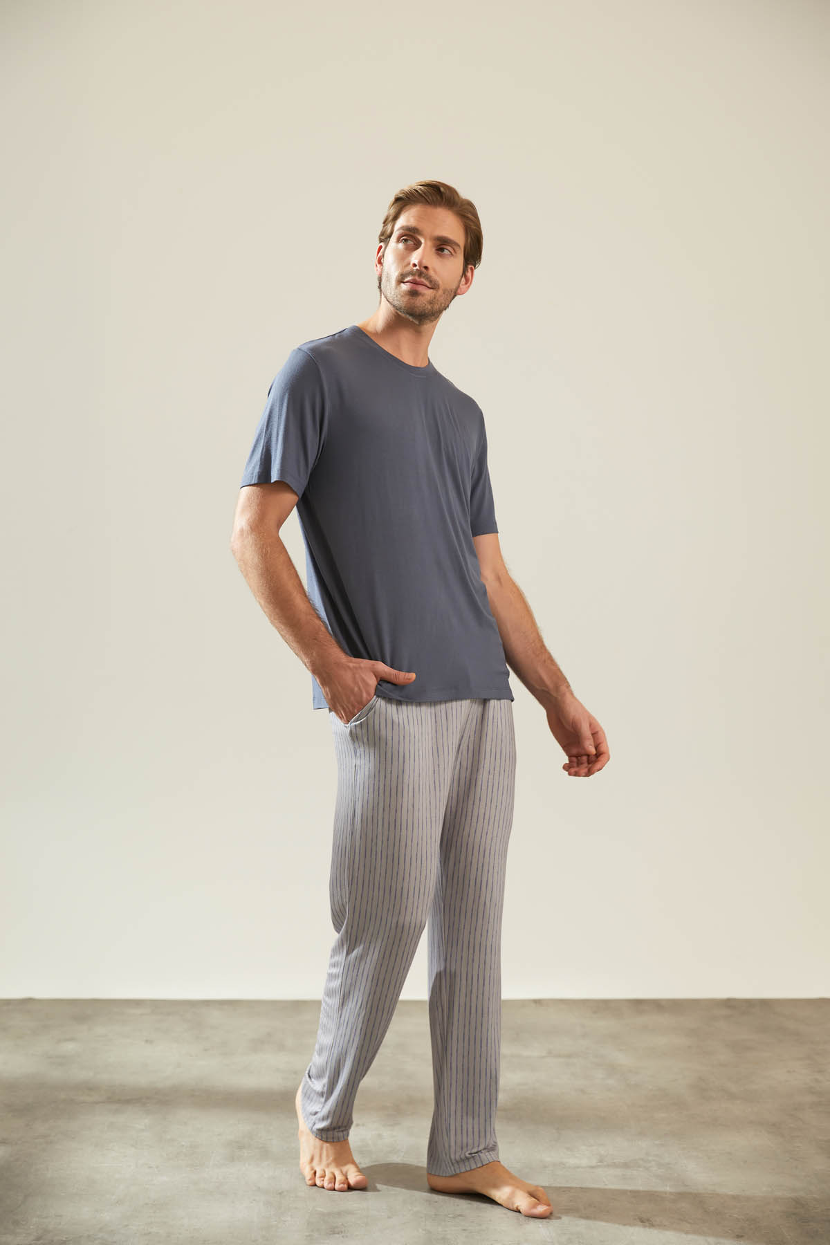 Erkek Modal Kısa Kollu Uzun Pantolon Takım