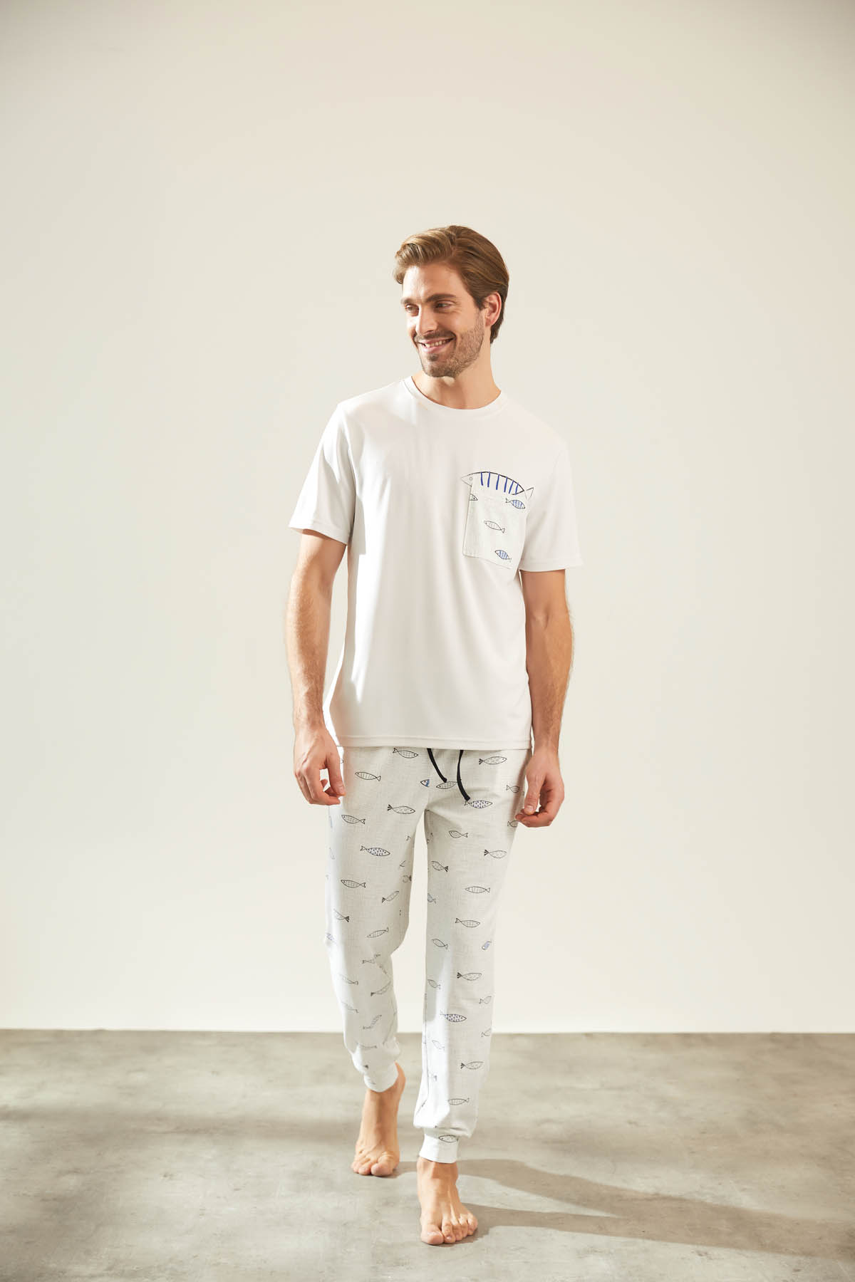 Erkek Pamuklu Kısa Kollu Uzun Pijama Takımı