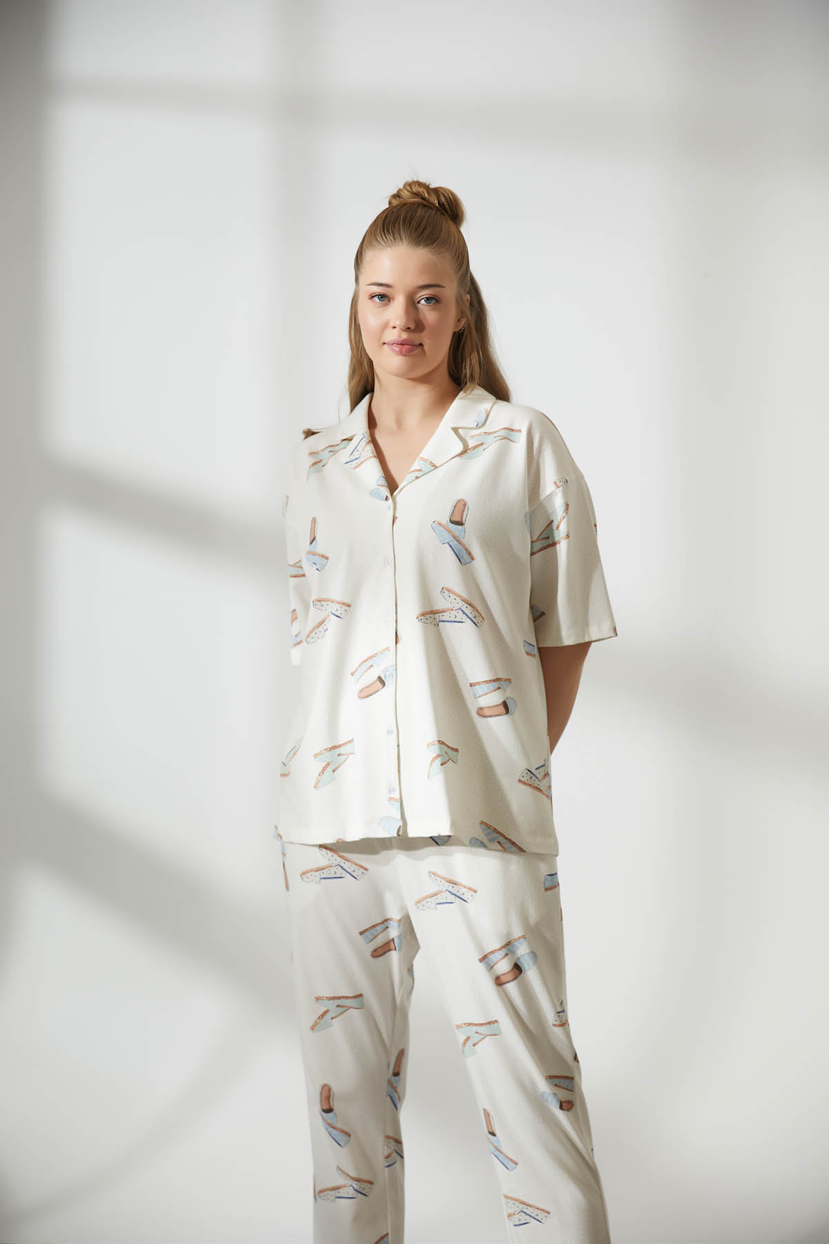 Kadın Plus Size Pamuklu Gömlek Yaka Pijama Üstü