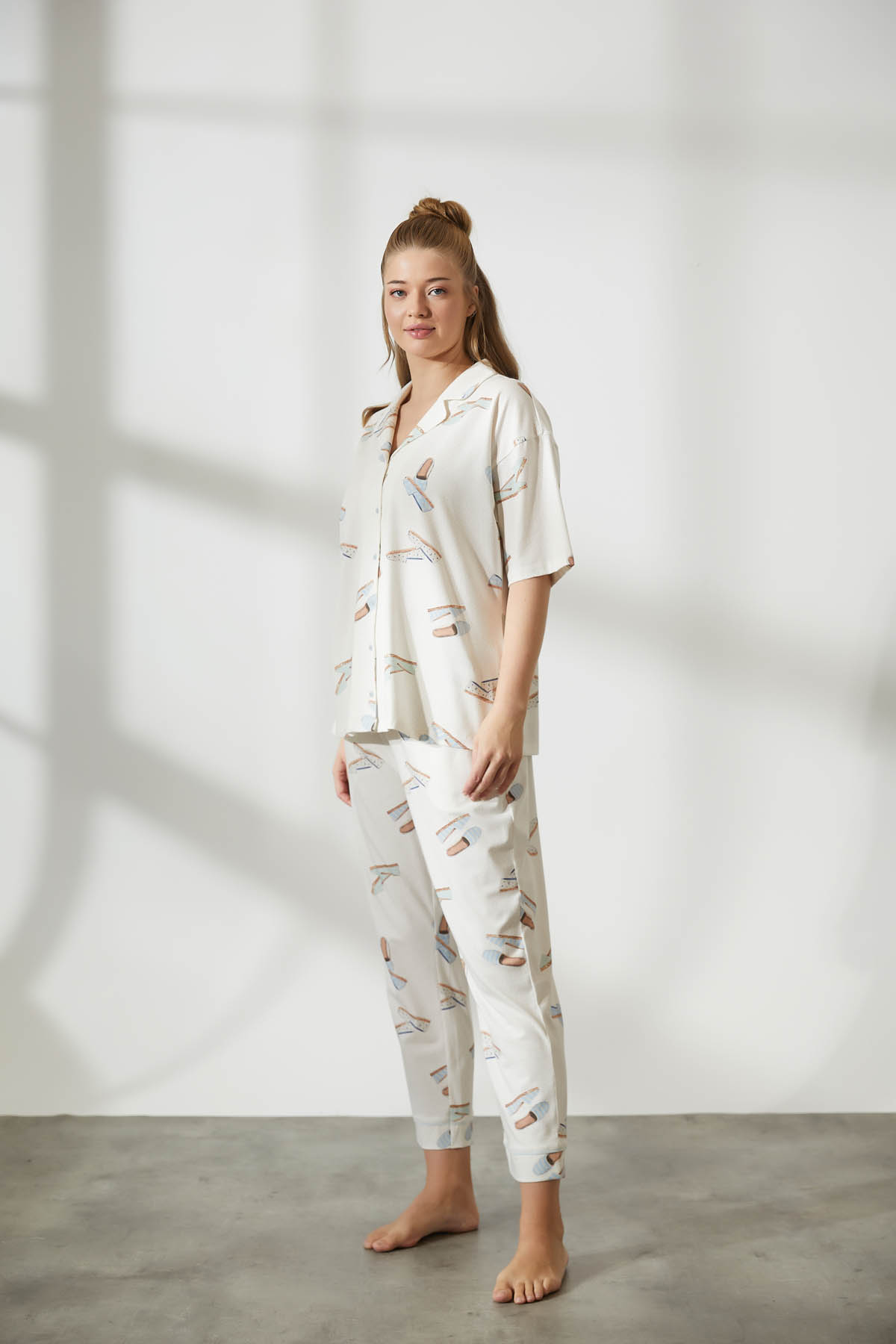 Kadın Plus Size Pamuklu Gömlek Yaka Pijama Takımı