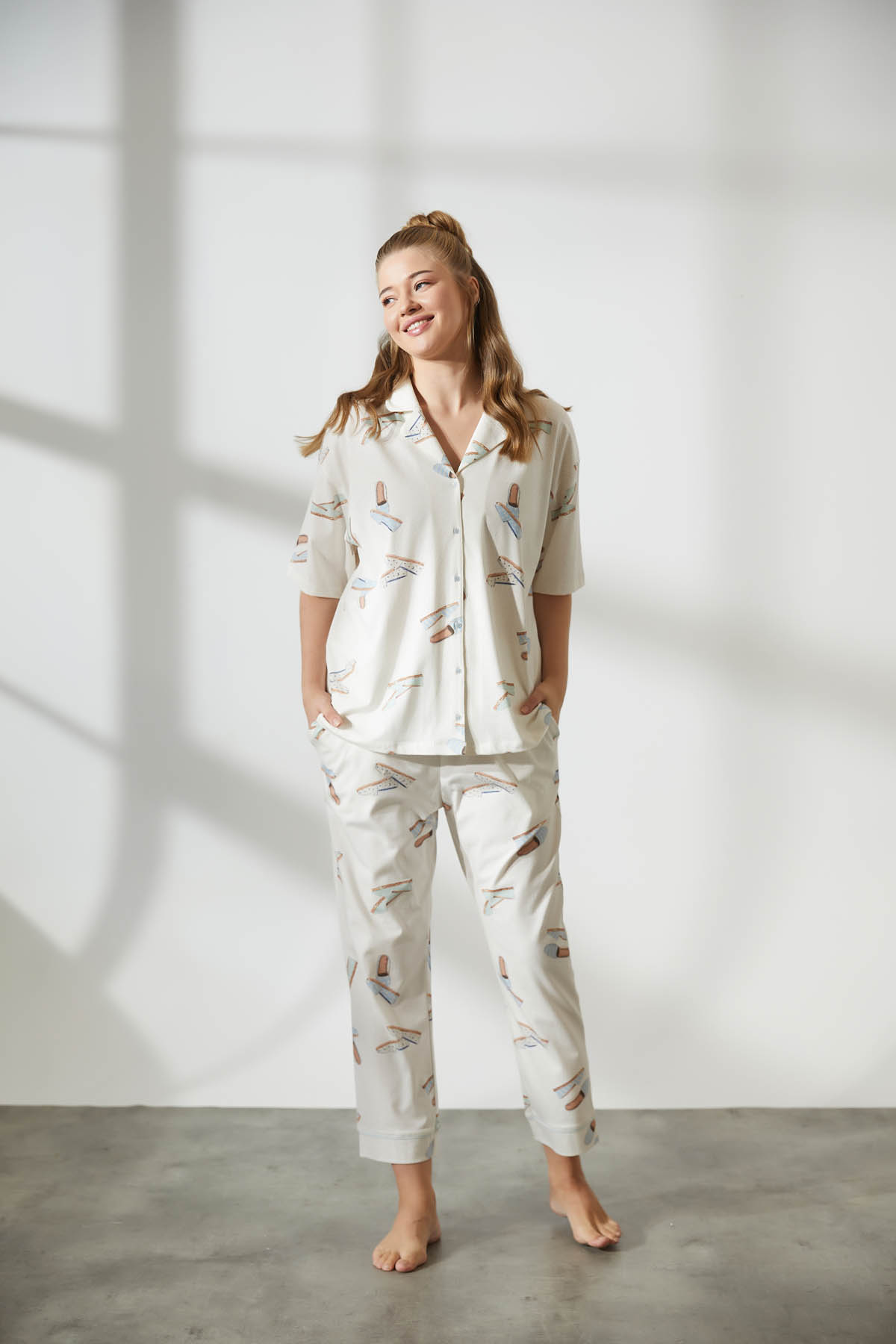Kadın Plus Size Pamuklu Gömlek Yaka Pijama Takımı