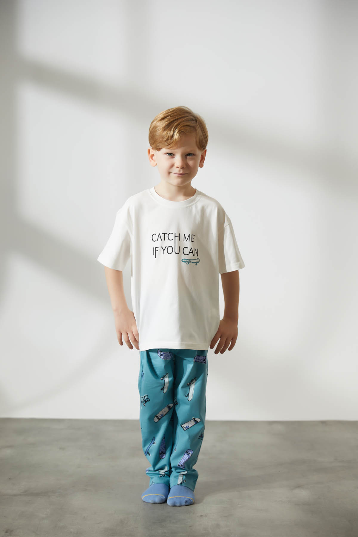 Erkek Çocuk Pamuklu Kısa Kollu Uzun Pijama Takımı