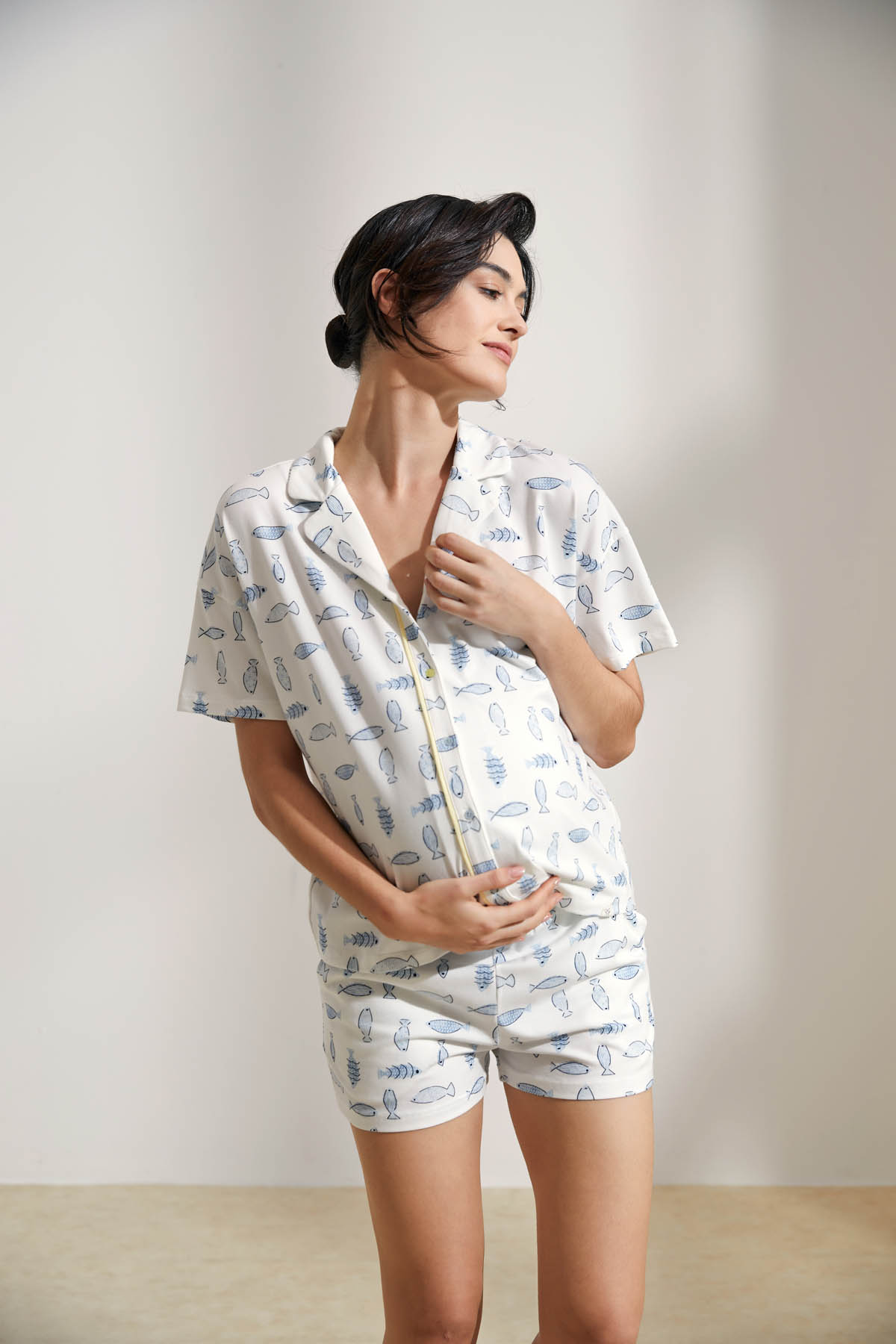 Hamile Pamuklu Gömlek Yaka Şortlu Pijama Takımı