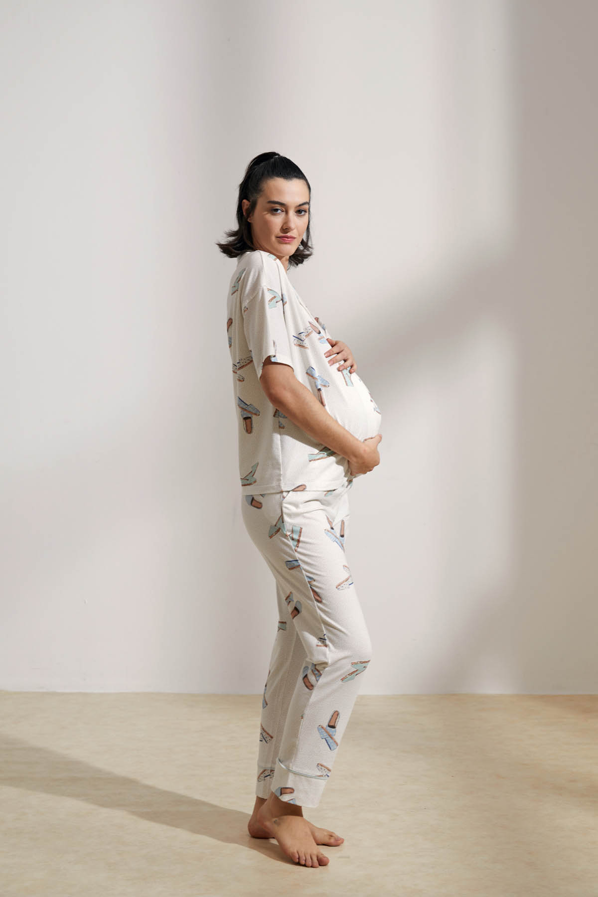 Hamile Pamuklu Gömlek Yaka Uzun Pijama Takımı