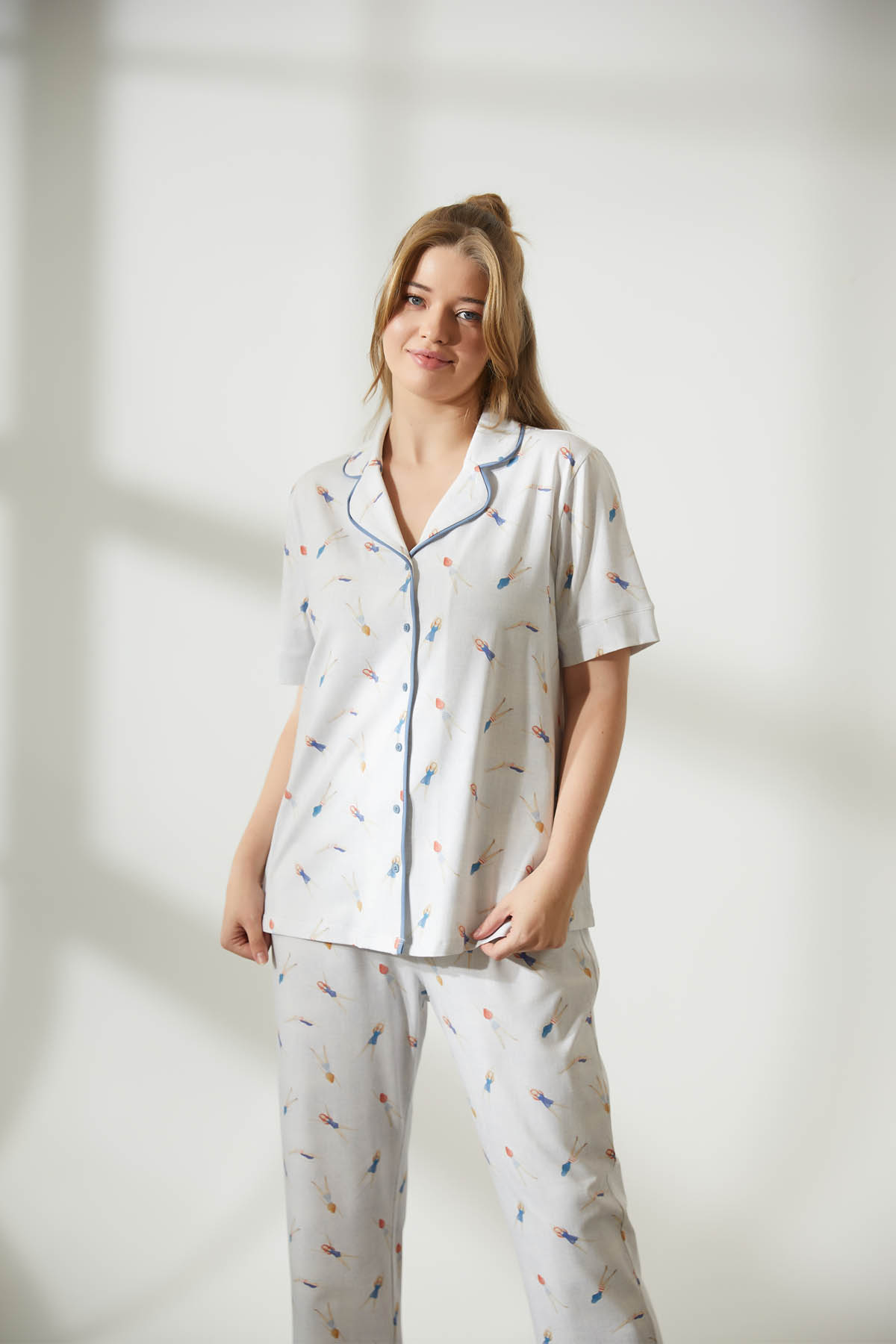 Kadın Plus Size Pamuklu Gömlek Yaka Pijama Üstü