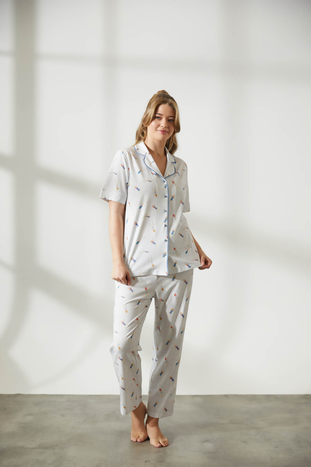 Kadın Plus Size Pamuklu Gömlek Yaka Uzun Pijama Takımı