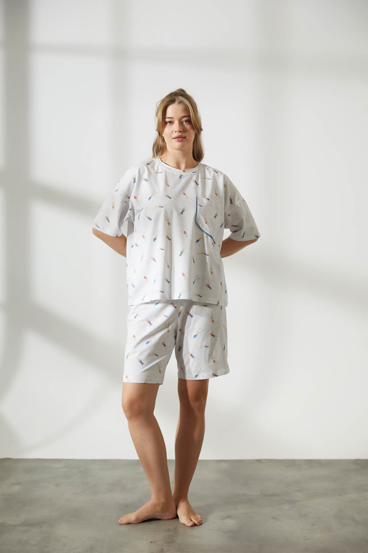 Kadın Plus Size Pamuklu Kısa Kollu Şortlu Pijama Takımı