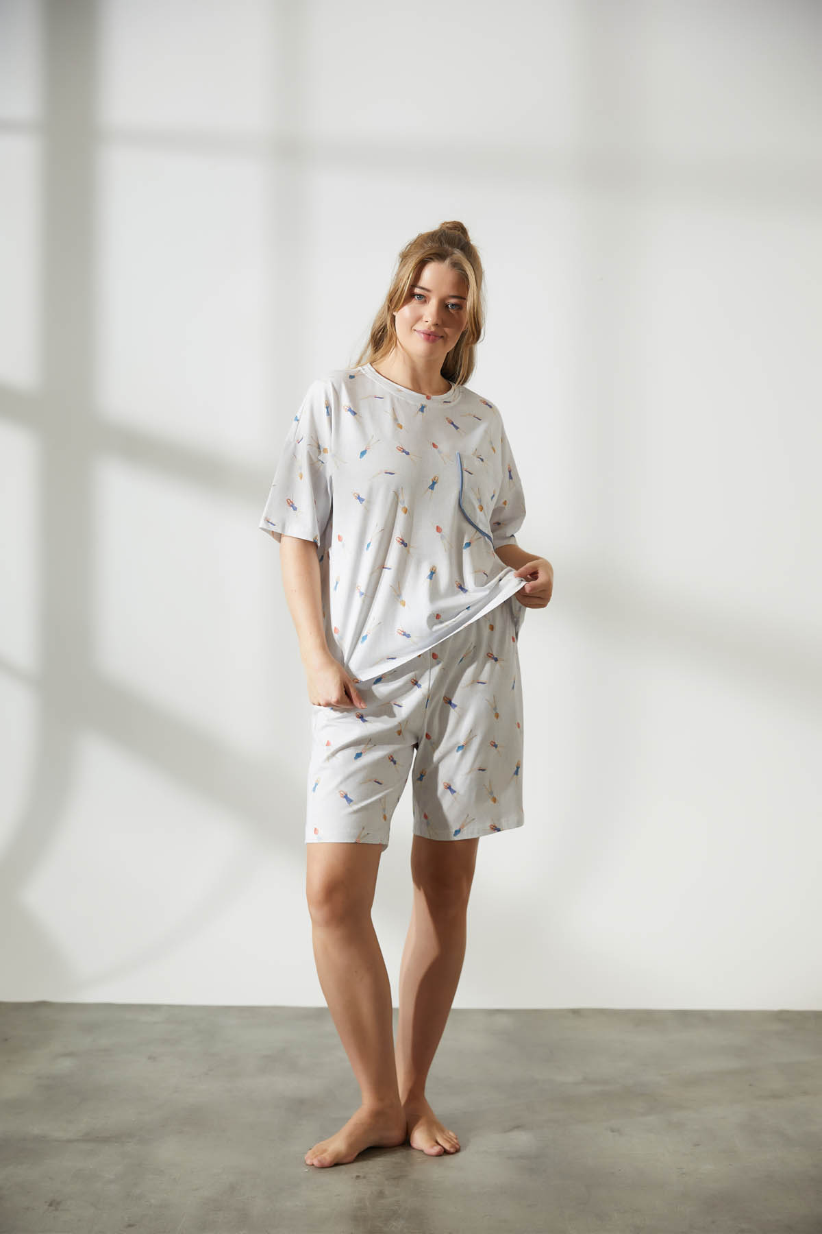 Kadın Plus Size Pamuklu Kısa Kollu Şortlu Pijama Takımı