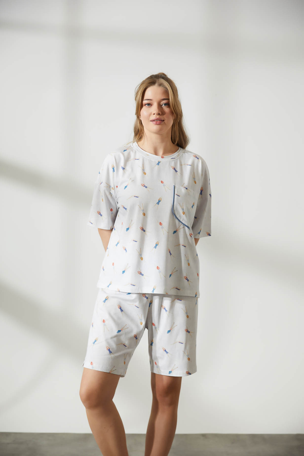 Kadın Plus Size Pamuklu Kısa Kollu Pijama Üstü